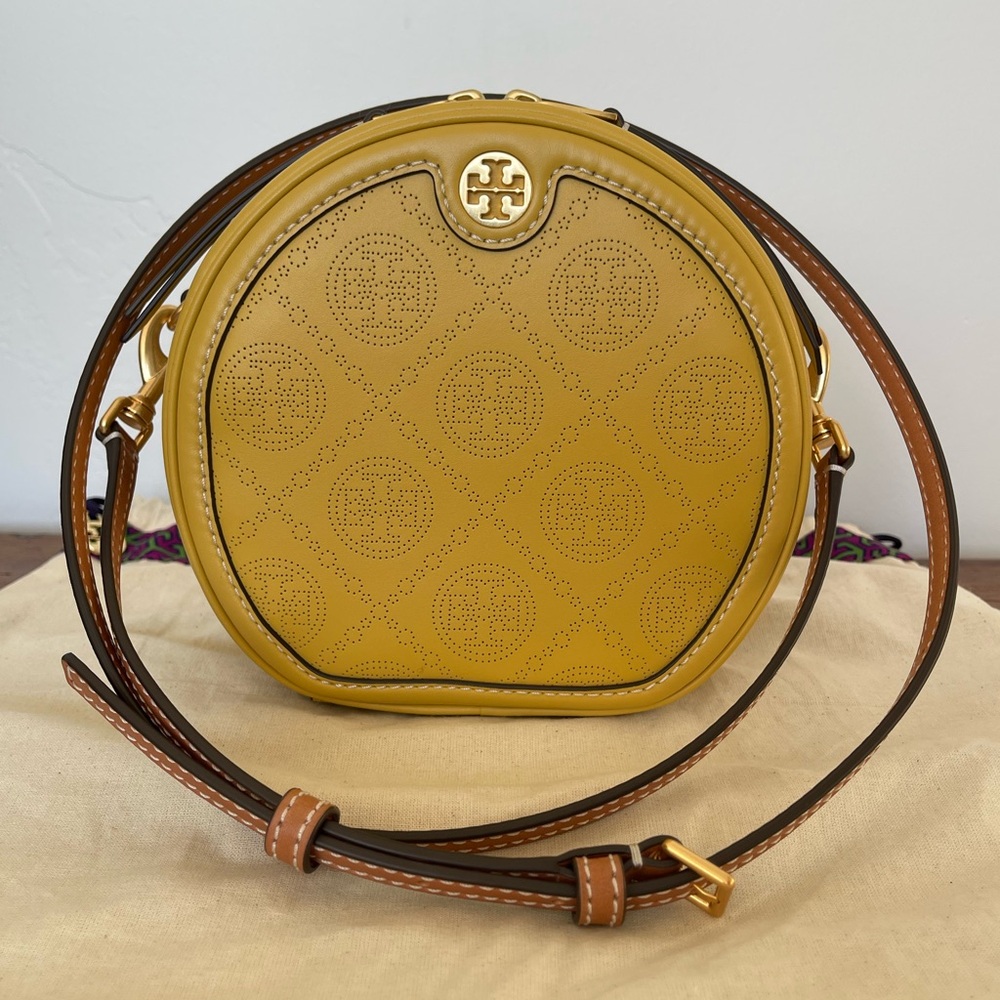 Tory Burch T Monogram Perforated Leather Moon Golden Sunset Crossbody Bag EUC